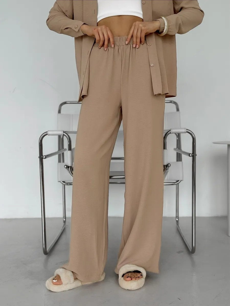 Solid Color Cardigan With Pockets, Casual Wide-leg Trousers 2-piece Sets