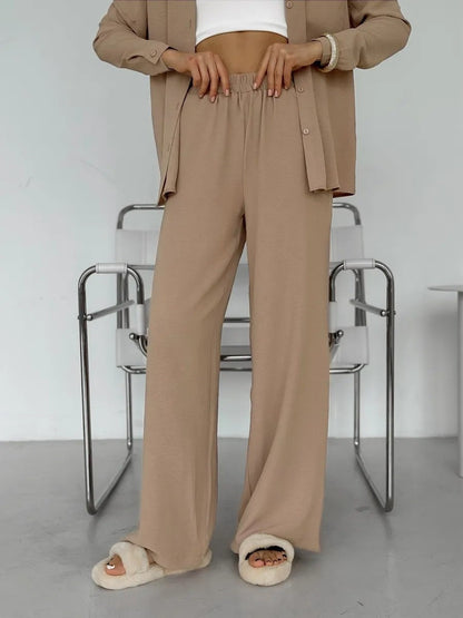 Solid Color Cardigan With Pockets, Casual Wide-leg Trousers 2-piece Sets