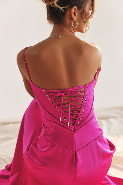 Satin Corset Bustier Spaghetti Strap Basque Waist A-Line Maxi Gown