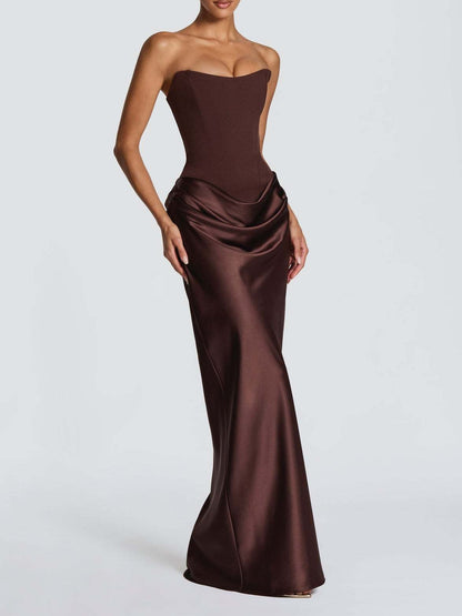 Satin Tie Ribbon Off-shoulder Sexy Strapless Bodycon Maxi Dress With Cinched Waist