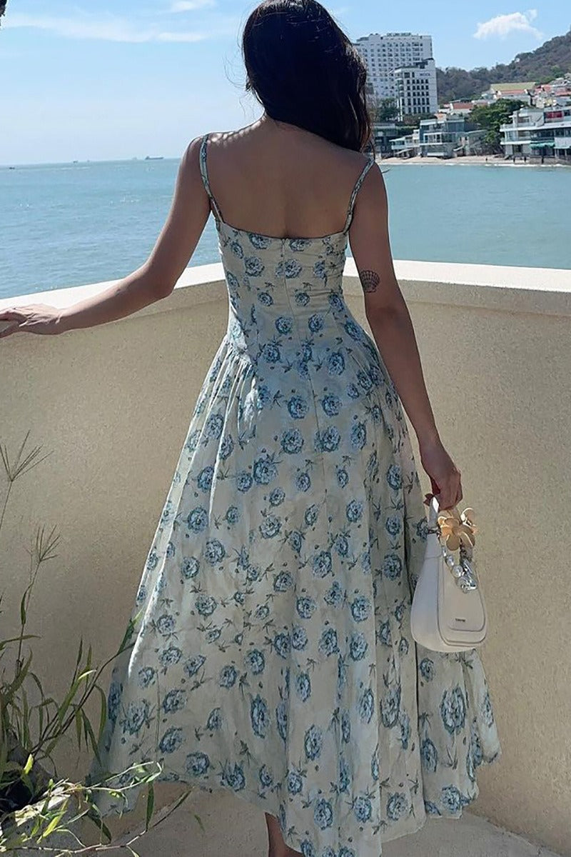 Floral Print Bustier Sweetheart Neck Spaghetti Strap Pleated Maxi Dress