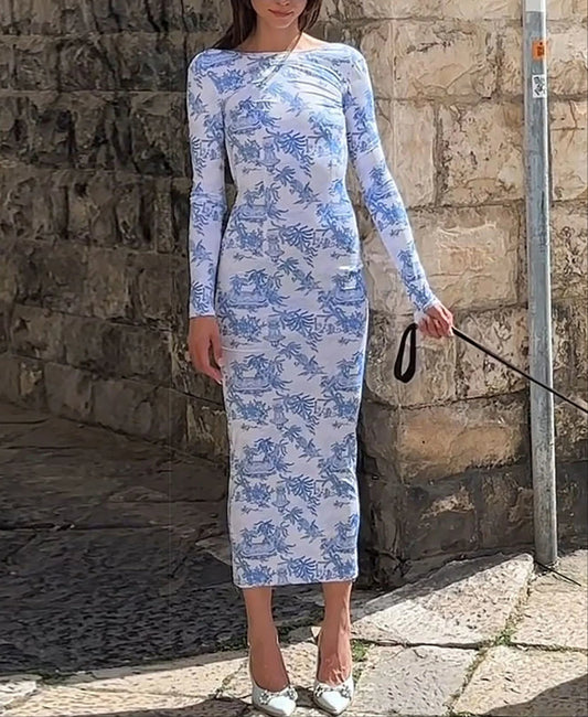 Backless Long Sleeve Print Midi Dress