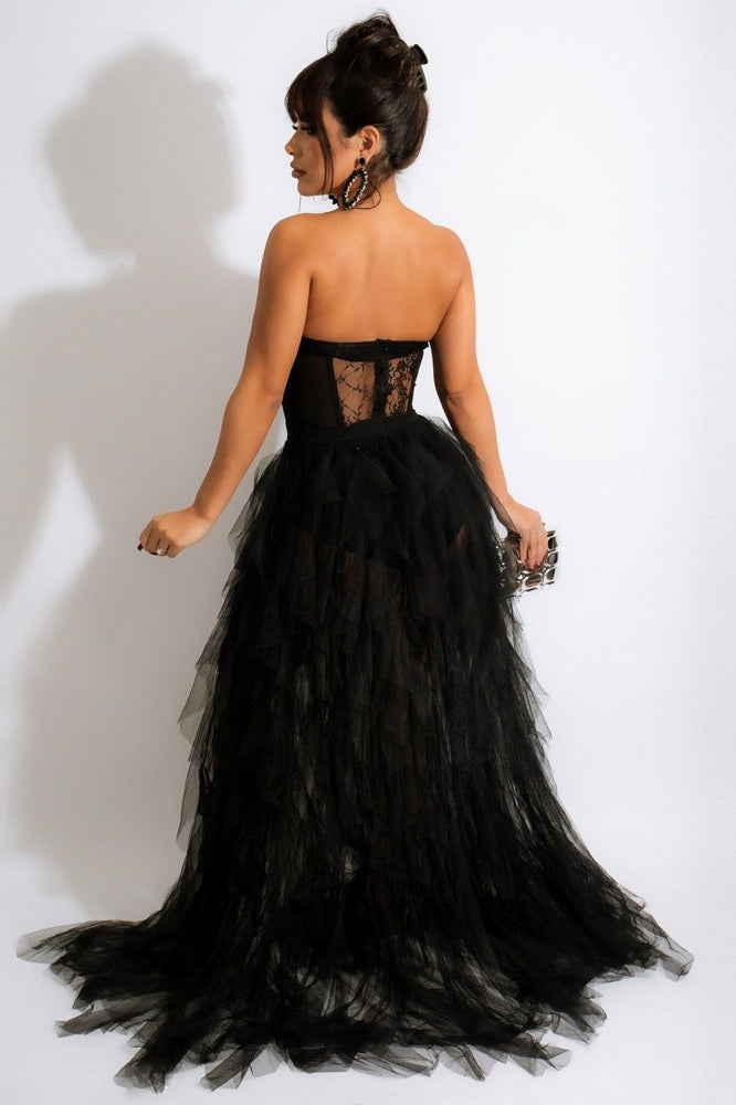 Lace Corset Sweetheart Strapless Tiered Tulle High Slit Maxi Skirt Set