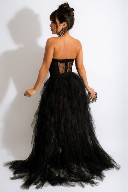 Lace Corset Sweetheart Strapless Tiered Tulle High Slit Maxi Skirt Set