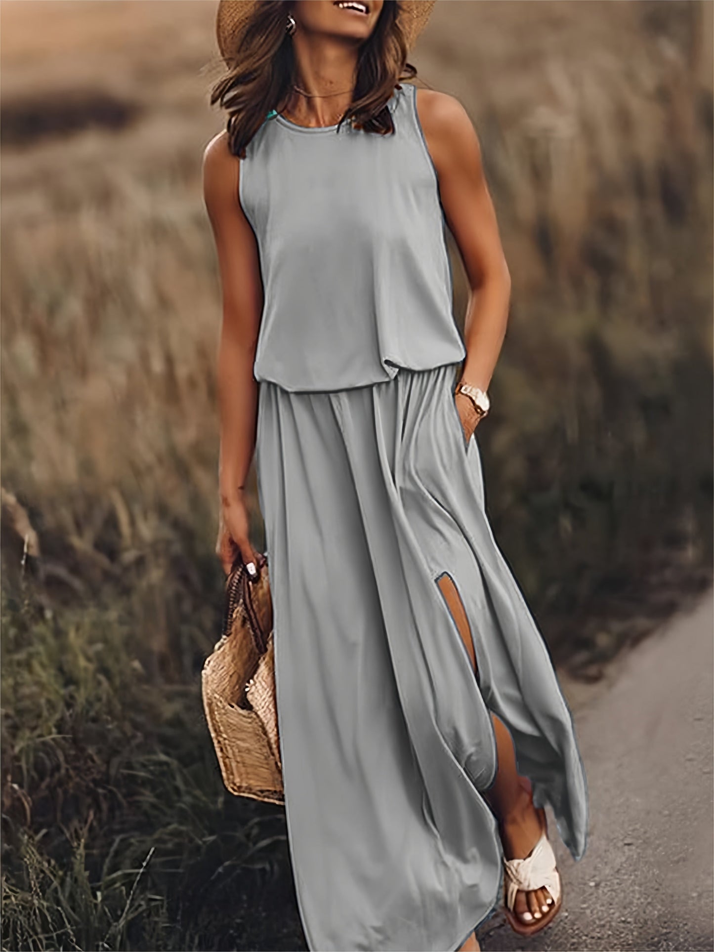 Sleeveless Crew Neck Tiered High Split Side Pocket Maxi Dress