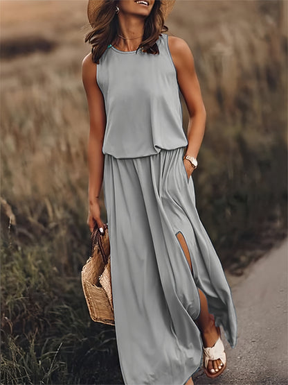 Sleeveless Crew Neck Tiered High Split Side Pocket Maxi Dress