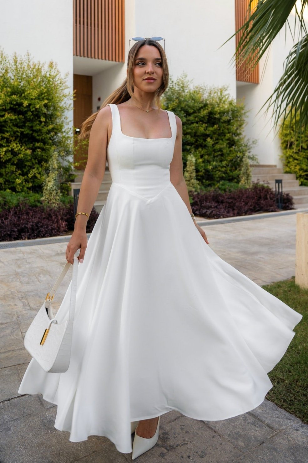 Square Neck Wide Strap Fit and Flare Pleated Tea Length Midi Dress