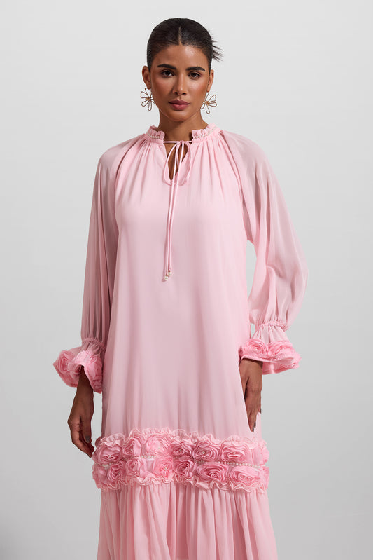 3D Floral Frill Long Sleeve Midi Dress