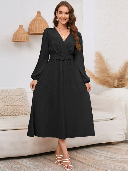 Midi Dresses V-Neck Lantern Sleeves Sash Chiffon Knee Length Dress