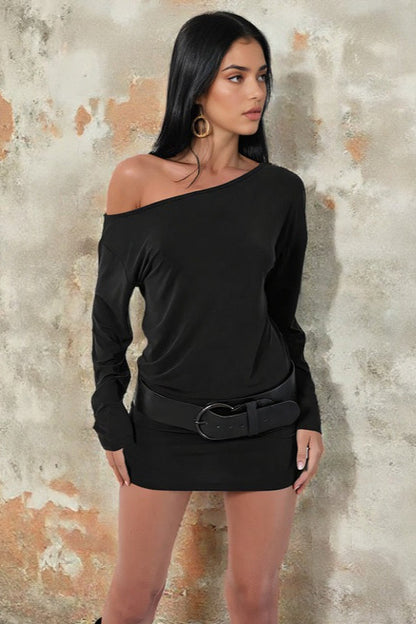 One Shoulder Long Sleeve Wide Buckle Belted Bodycon Mini Dress