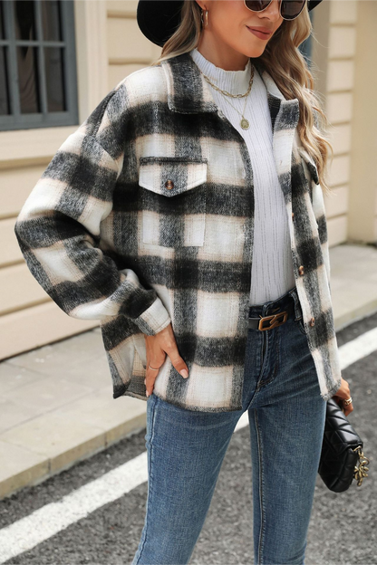 Loose Plaid Lapel Faux Wool Long Sleeve Coat