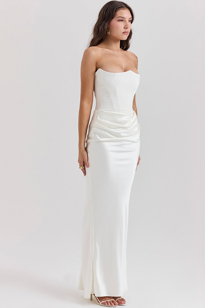 Strapless Corset Bodice Draped Hip Ruched Column Maxi Dress
