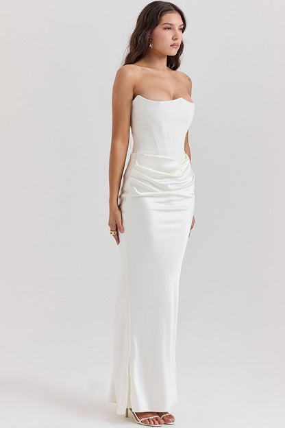 Strapless Corset Bodice Draped Hip Ruched Column Maxi Dress