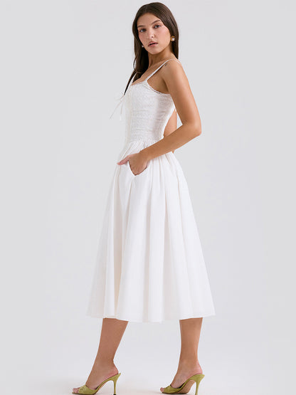 White Corset Dress Cutout Wide Strap Lace Trim Backless Party Midi Dresses