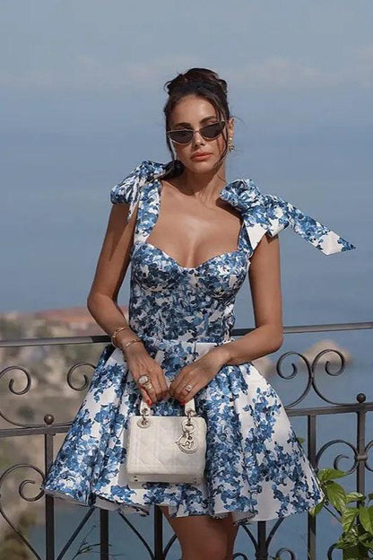 Floral Print Sweetheart Tie Bow Shoulder Bustier Mini Dress