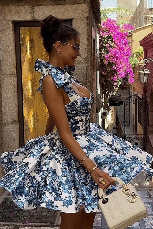Floral Print Sweetheart Tie Bow Shoulder Bustier Mini Dress