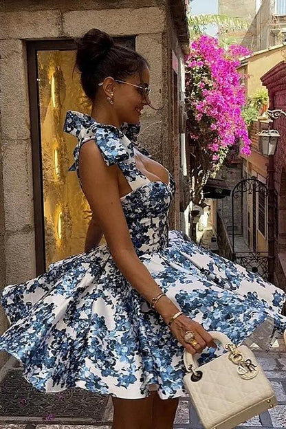 Floral Print Sweetheart Tie Bow Shoulder Bustier Mini Dress