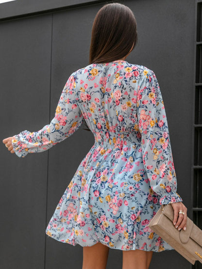 Mini Dresses Pink Floral Print Long Sleeves Short Dress