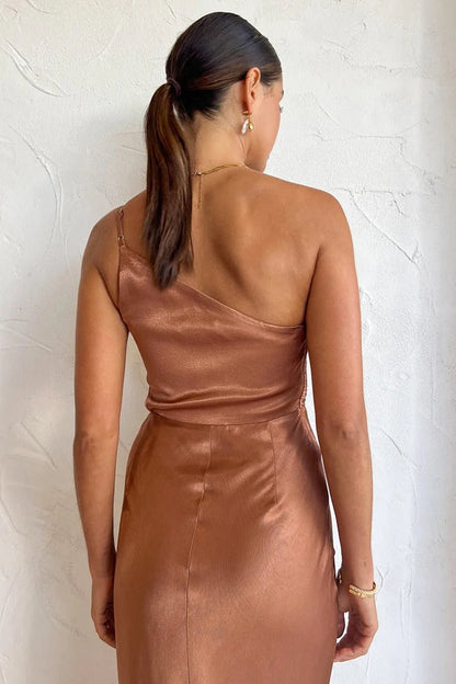One-Shoulder Ruched Satin Waist Cutout High-Slit Maxi Gown
