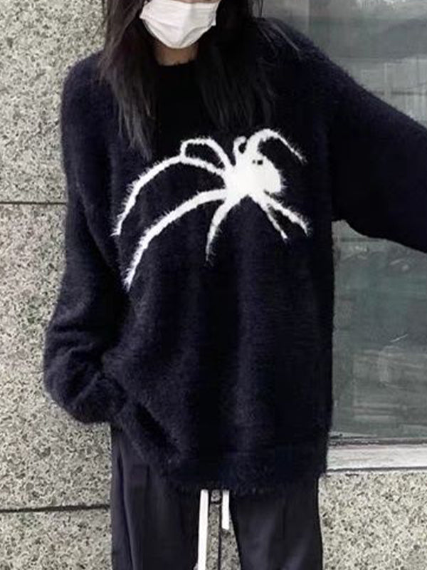 Plush Spider Print Baggy Sweater