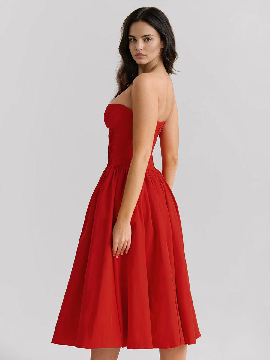 Red Party Dress Strapless Backless Retro Elegant Midi Dress