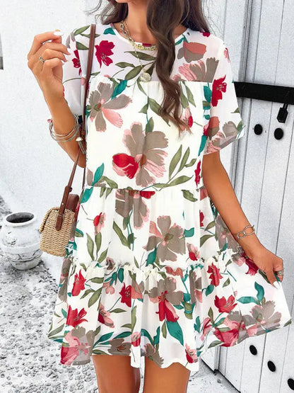 Botanical print short-sleeved tiered mini dress