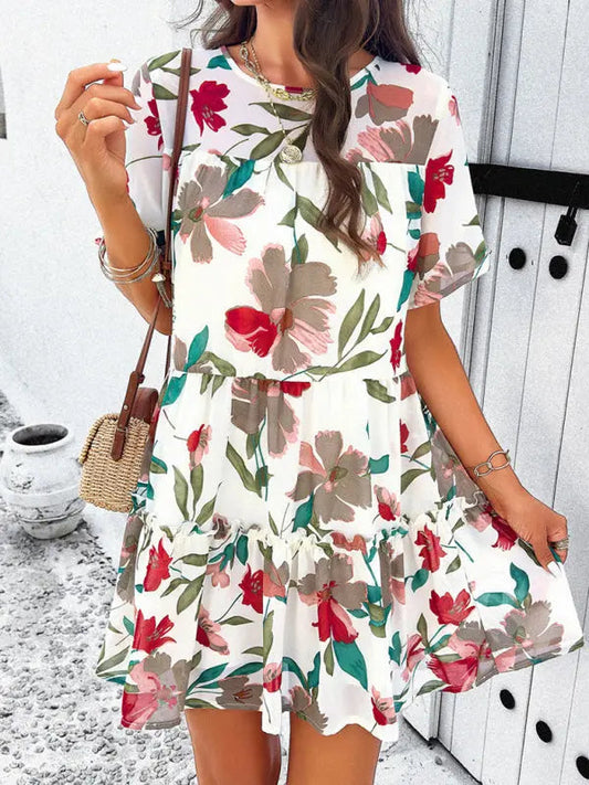 Botanical print short-sleeved tiered mini dress