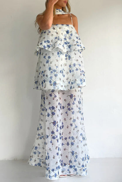 Ameile Organza Floral Print Tiered Slip Square Neck Scarf A-line Maxi Dress