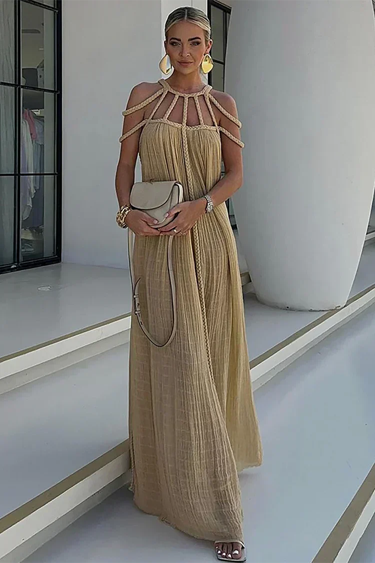 Braided Rope Halter Cage Cutout Pleated Maxi Dress