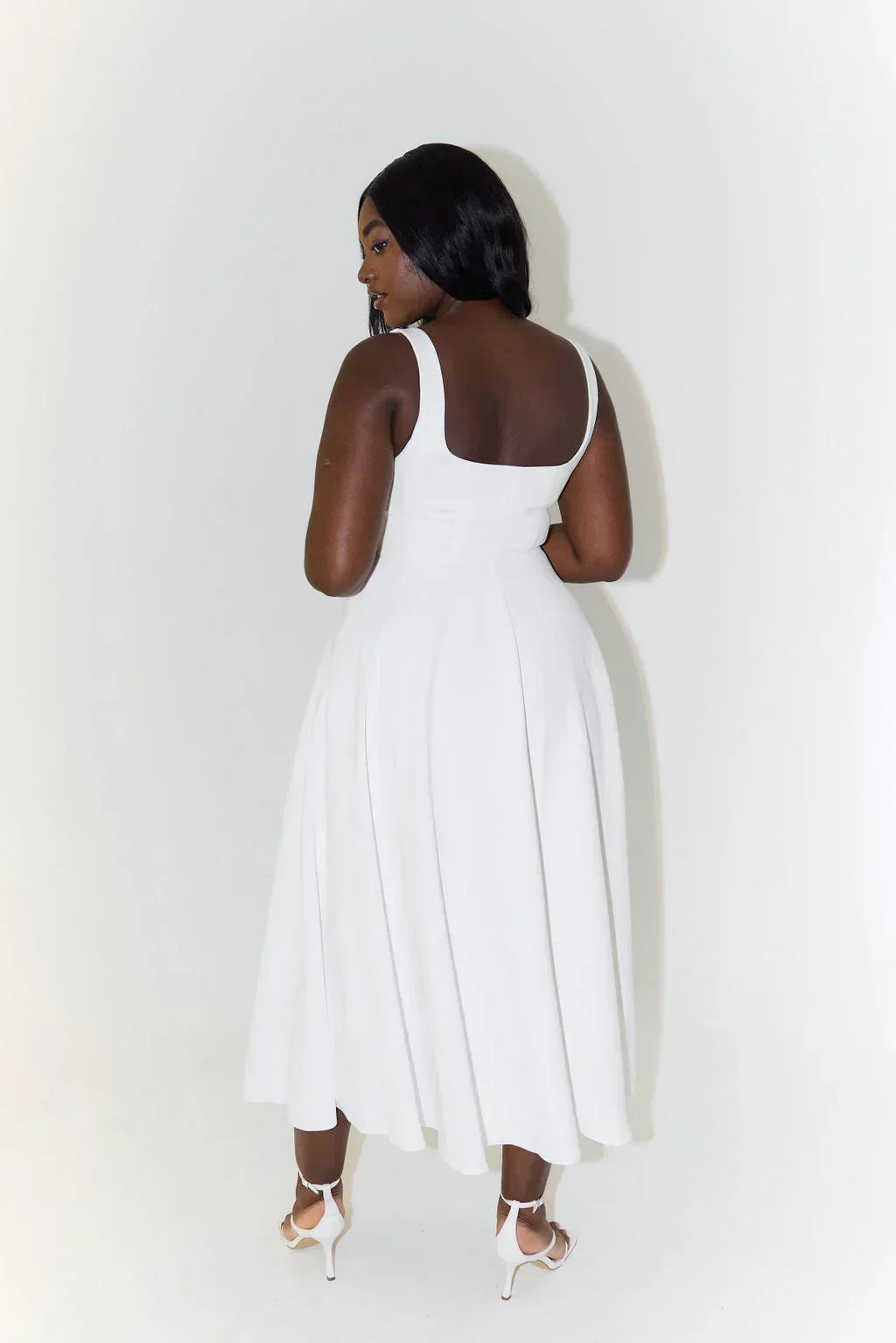 Square Neck Wide Strap Fit and Flare Pleated Tea Length Midi Dress