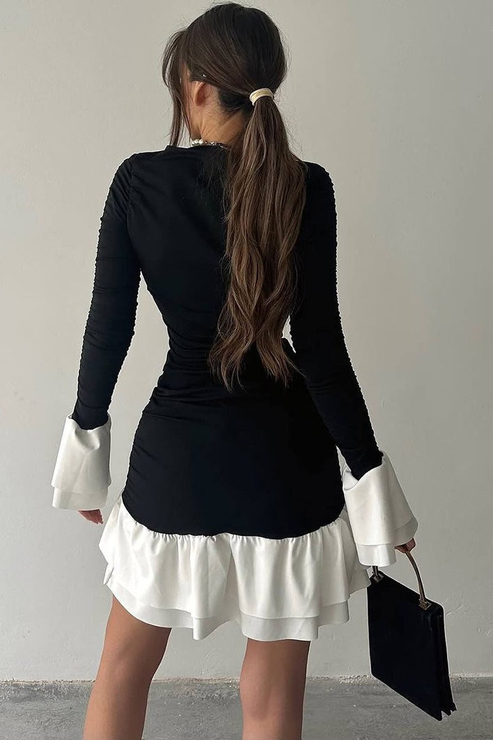 Crew Neck Ruched Long Sleeve Contrast Tiered Ruffle Hem Mini Dress
