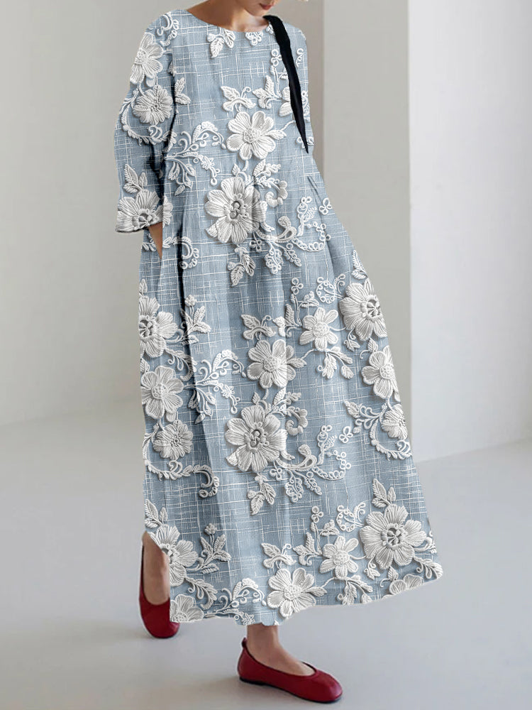 Oversized Floral Embroidery Round Neck Three Quarter Sleeve Pocket Maxi Dress