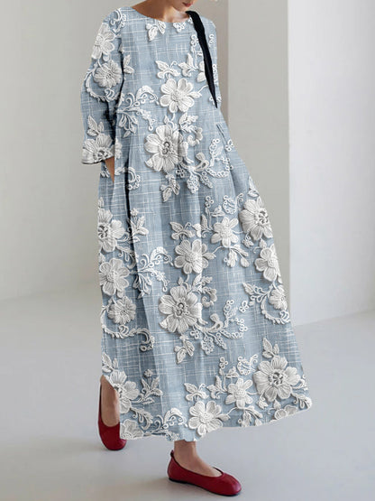 Oversized Floral Embroidery Round Neck Three Quarter Sleeve Pocket Maxi Dress