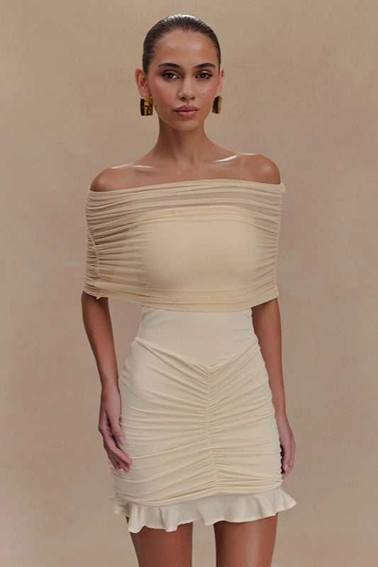 Off Shoulder Ruched Mesh Overlay Bodycon Mini Dress