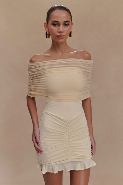 Off Shoulder Ruched Mesh Overlay Bodycon Mini Dress