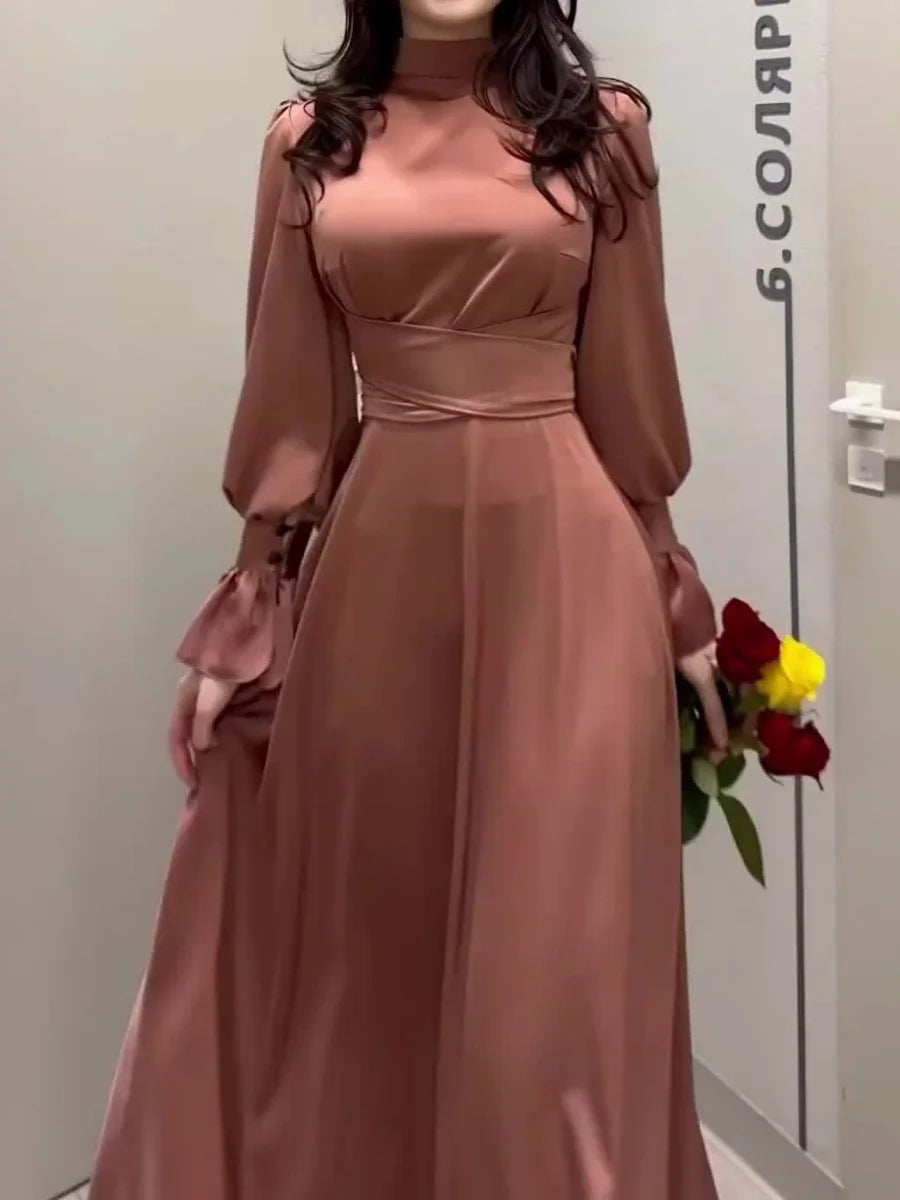 Satin Mock Neck Puff Sleeve Button Cuff Tie Waist Maxi Dress