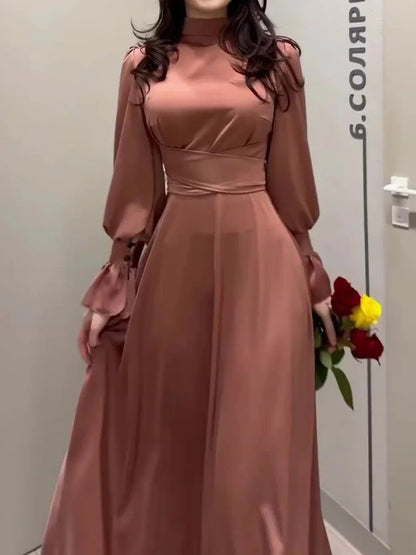 Satin Mock Neck Puff Sleeve Button Cuff Tie Waist Maxi Dress