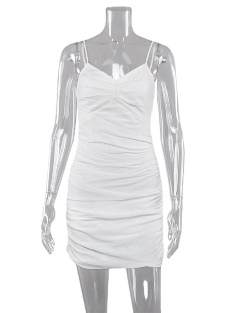 TARUXY Folds V Neck Dress Women Summer 2024 New White Slim Sleeveless Mini Dresses Female Street Casual Sexy Sheath Dress Ladies