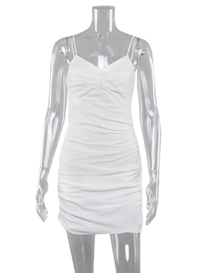 TARUXY Folds V Neck Dress Women Summer 2024 New White Slim Sleeveless Mini Dresses Female Street Casual Sexy Sheath Dress Ladies
