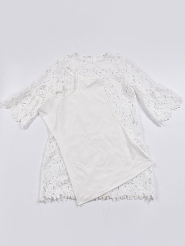 Lace Dresses White Jewel Neck 3/4 Length Sleeves Lace   Casual Midi Dresses