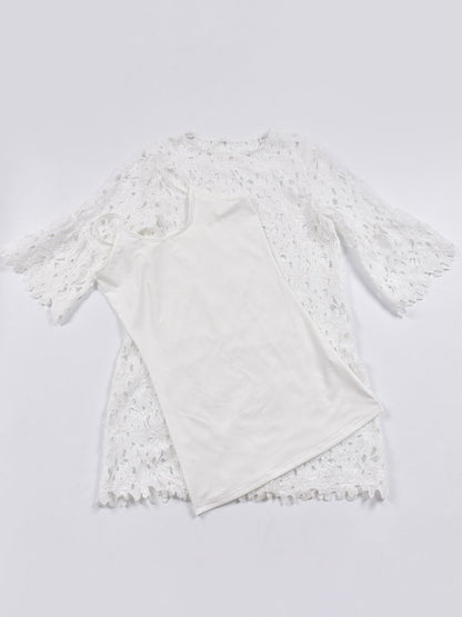 Lace Dresses White Jewel Neck 3/4 Length Sleeves Lace   Casual Midi Dresses