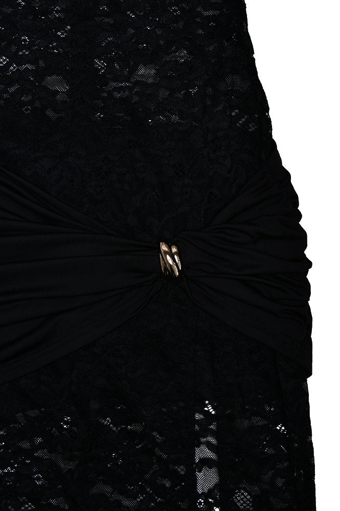 Floral Lace Mandarin Collar Keyhole Sash Wrap High Split Maxi Gown