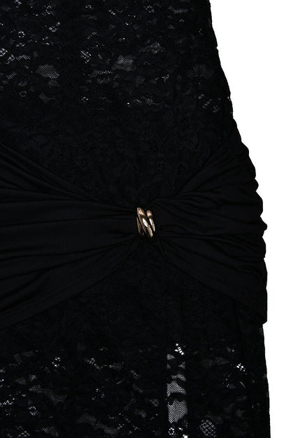 Floral Lace Mandarin Collar Keyhole Sash Wrap High Split Maxi Gown