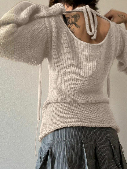 Solid Color Backless Lace Up Long Sleeve Knit