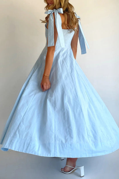 Solid Color Sleeveless Tie-up Suspender Elegant Patchwork Maxi Dress
