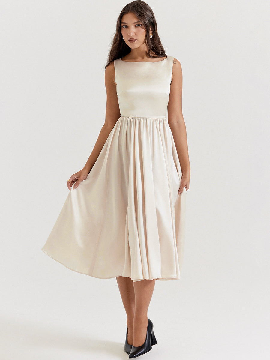 Elegant Sleeveless Dress Boatneck Pleated A-Line Prom Party Midi Dresses