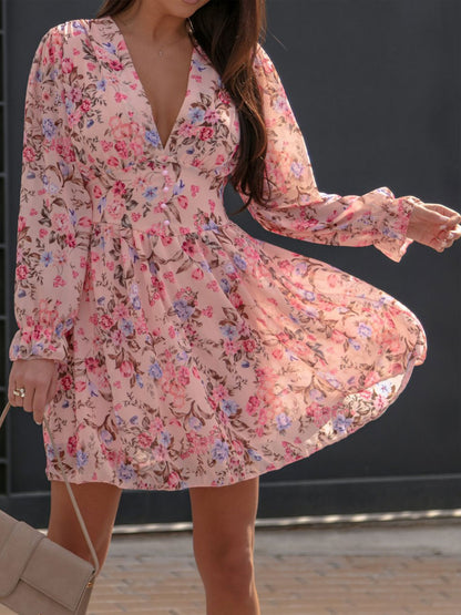 Mini Dresses Pink Floral Print Long Sleeves Short Dress