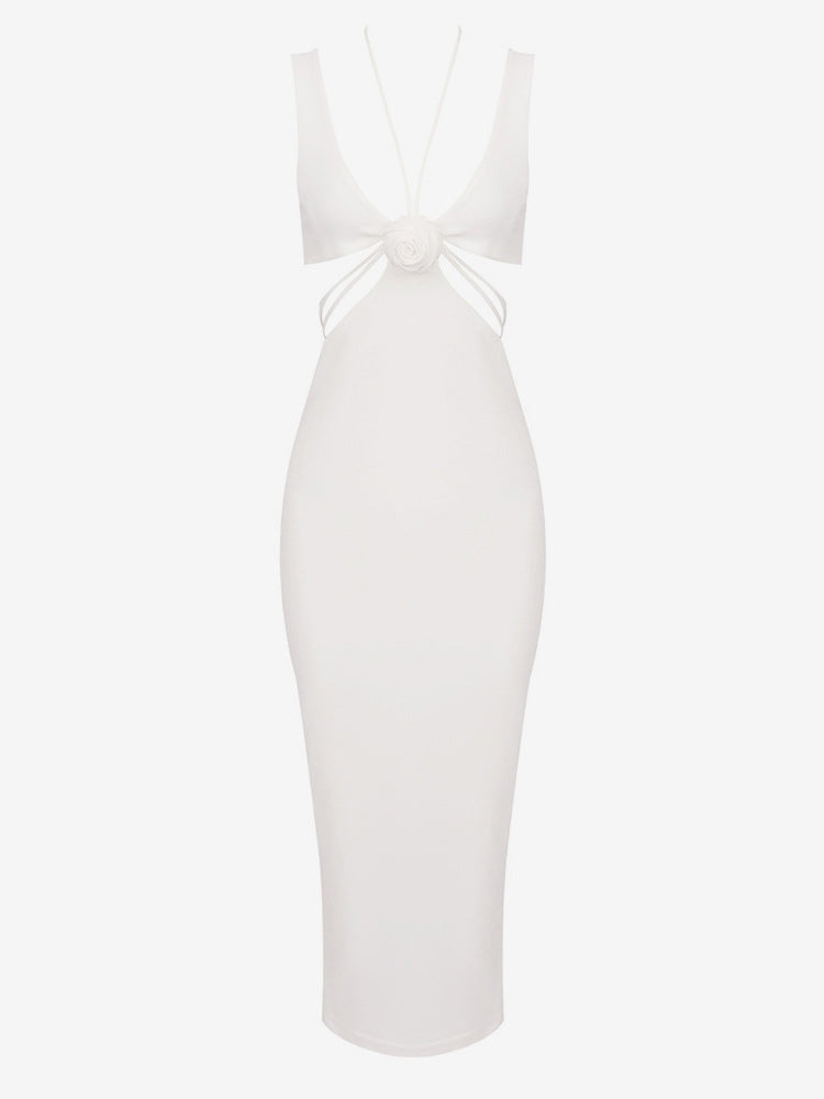 Party Dress 3D Flower Sleeveless U-Back Sexy Bodycon Midi Dresses