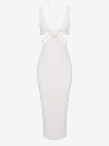 Party Dress 3D Flower Sleeveless U-Back Sexy Bodycon Midi Dresses