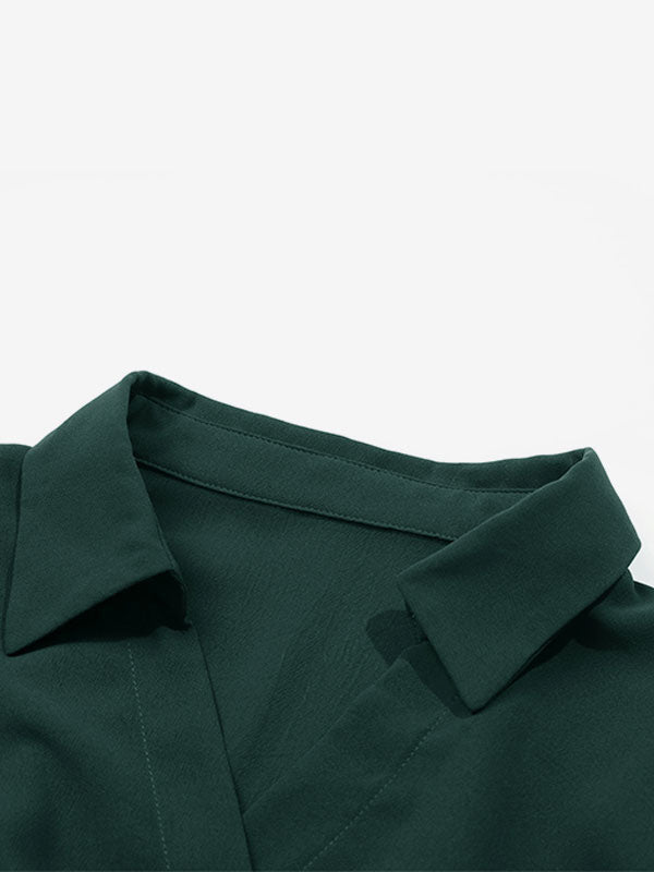 Midi Dresses Dark Green V-Neck Long Sleeves Fall Dresses For Women